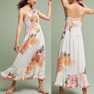 ANTHROPOLOGIE • Farm Rio Havana Floral Maxi Dress Pom Pom Trim White Size XL